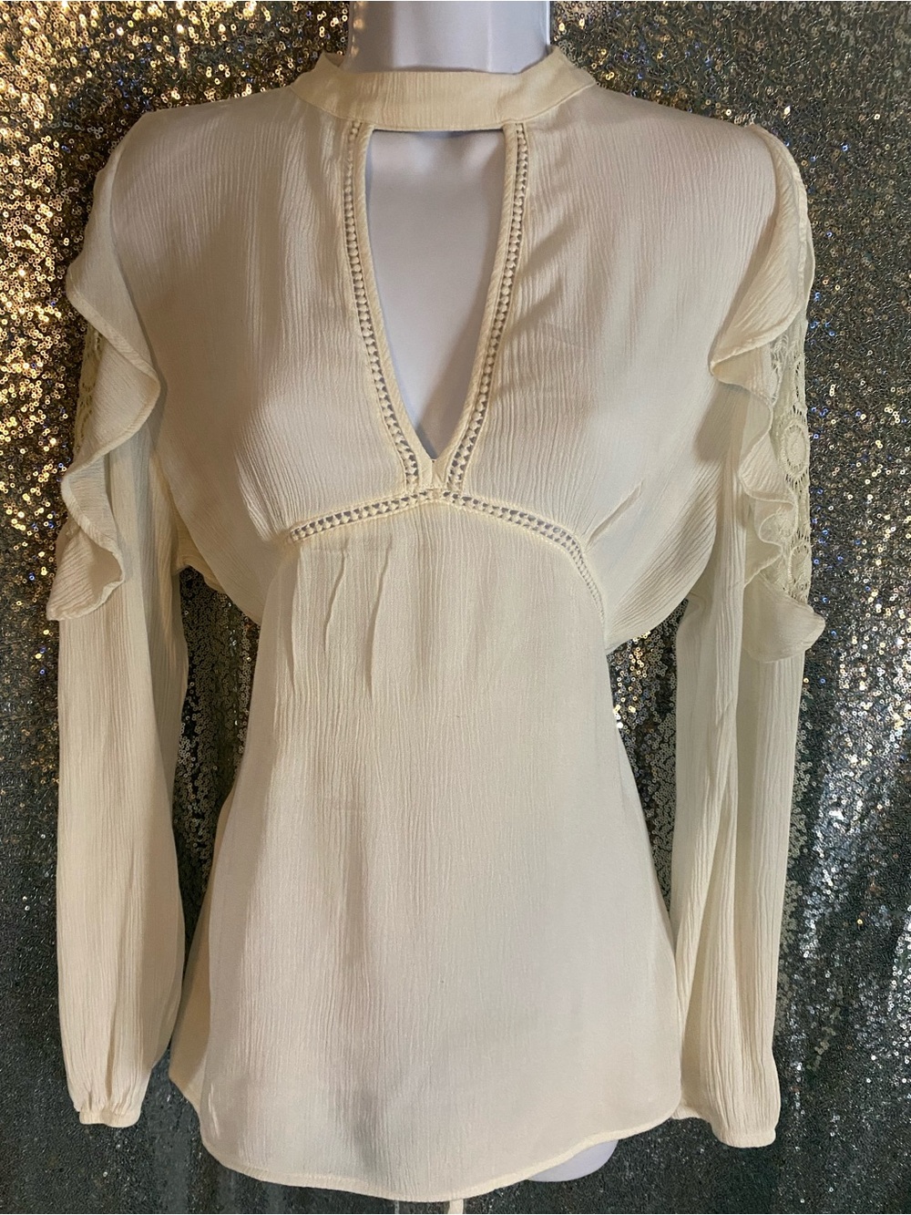 AMP Ivory Victorian Lace Ruffle Blouse | Mock Neck Tie Back | Size M